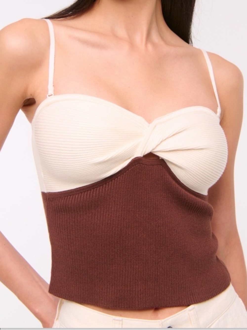 Twist Front Ribbed Strapless Top in Cream and Brown